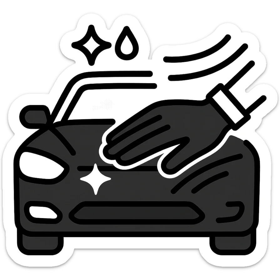 elegant hand with white or black glove on the hood of a high-end car, water drops or shine, main color black with silver or white details, smooth motion lines suggesting cleaning, modern and clean icon sticker