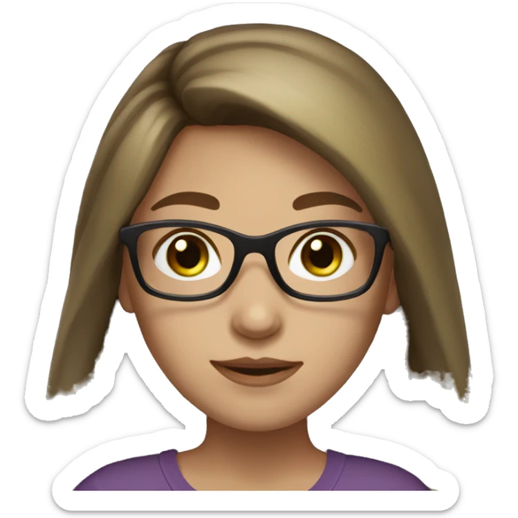 A girl with white skin skin,  brown long hair , brown-green eyes, brown-purple-balck glasses sticker