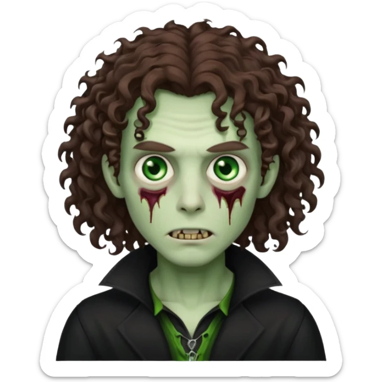 long curly haired male zombie with brown hair color and green eye color, with dark vampire clothes sticker