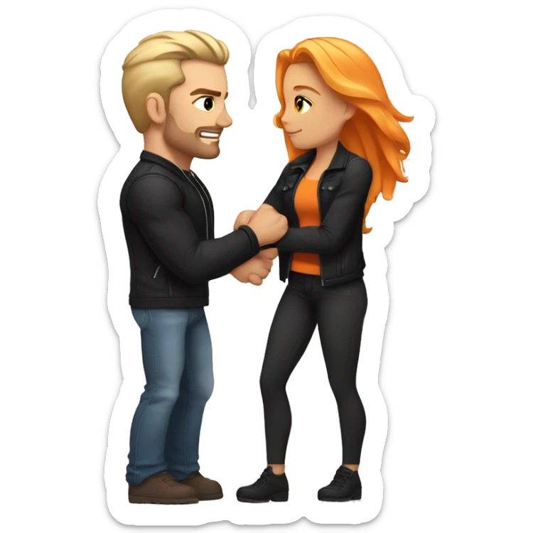 A muscular, well-formed, slightly brunette man wearing a black jacket, and a woman with light blonde and orange hair, brown eyes, and a black crop top, hugging him. sticker