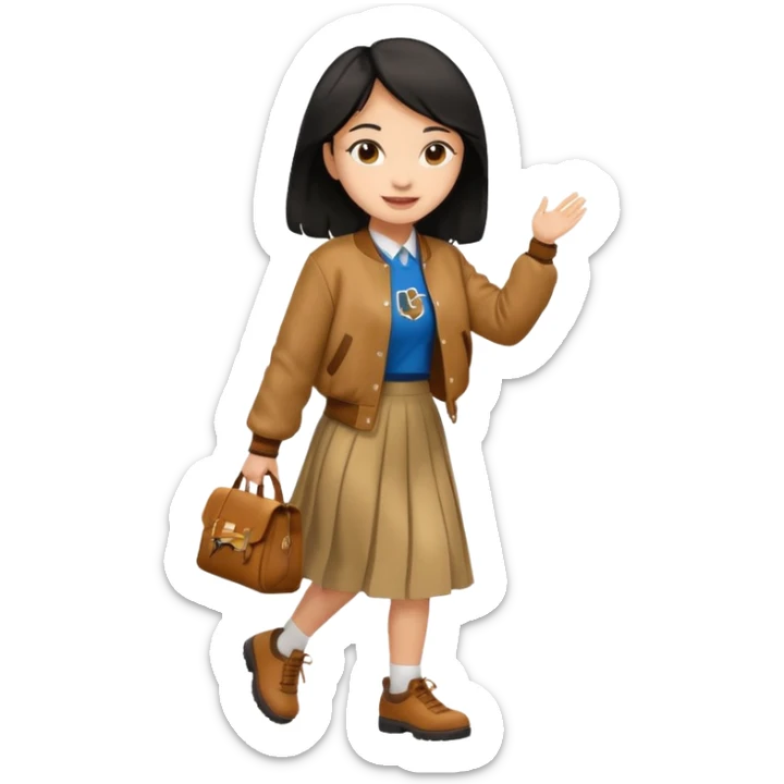 black color hair, light skin long hair girl with brown varsity jacket and long skirt walking

 sticker