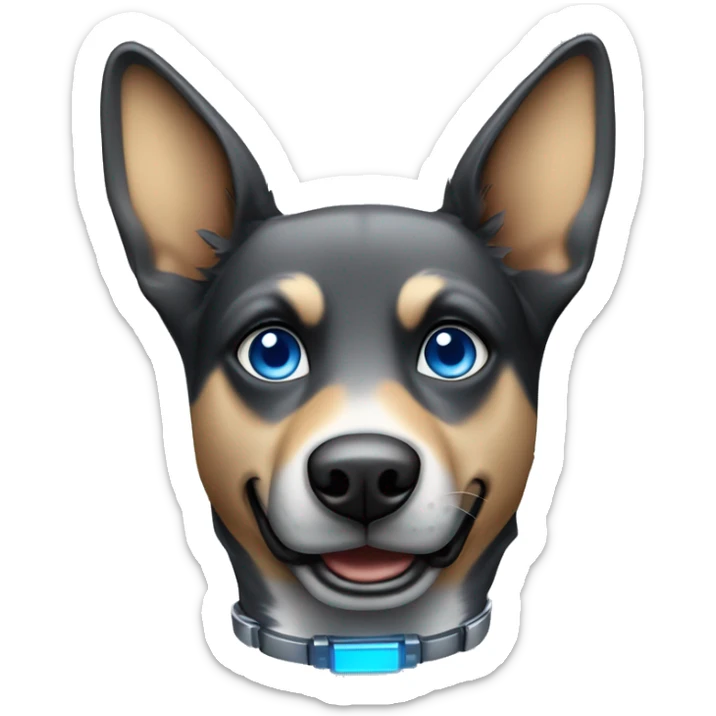 Robotic dog with blue eyes that’s in the color scheme of light and dark grey and has German shepherd like ears sticker