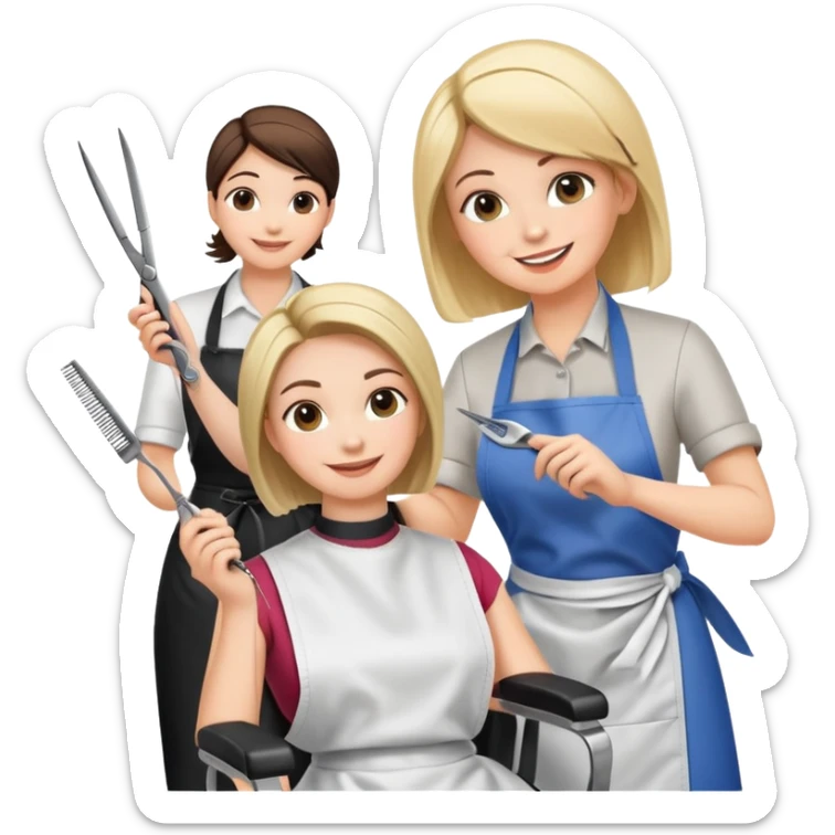 woman getting a haircut from a female hairstylist, both smiling, client sitting in chair with apron, hairstylist standing behind holding scissors sticker