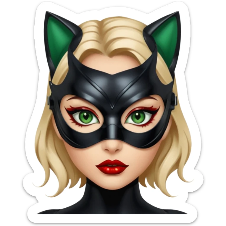 Futuristic Catwoman big blue green eyes with shiny patent leather mask, long false eyashes, most incredible highly detailed Futuristic green eyes,  perfect eyeliner, blood red full lips sticker