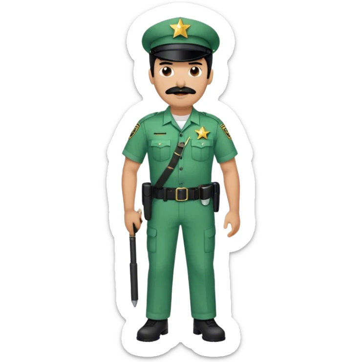 Chill guy in correctional officer green uniform. Full body. Black hair black mustache.  Light brown skin tone. Star badge. With duty belt and baton. sticker