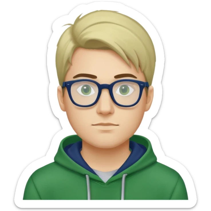 A boy of about 27 years old. No beard. Straight hair combed to the right. With a pair of navy blue framed glasses. Wearing a green hoodie. sticker