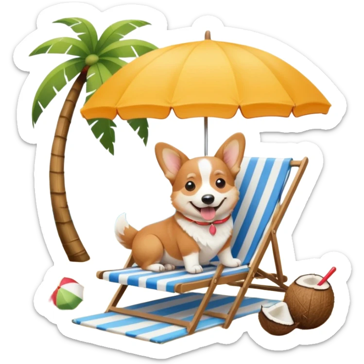 a corgi dog laied on a beach chair, a sunny beach, a sun umbrella, and beach coconut trees. the icon should capture the essence of a relaxing beach vacation with a carefree atmosphere sticker