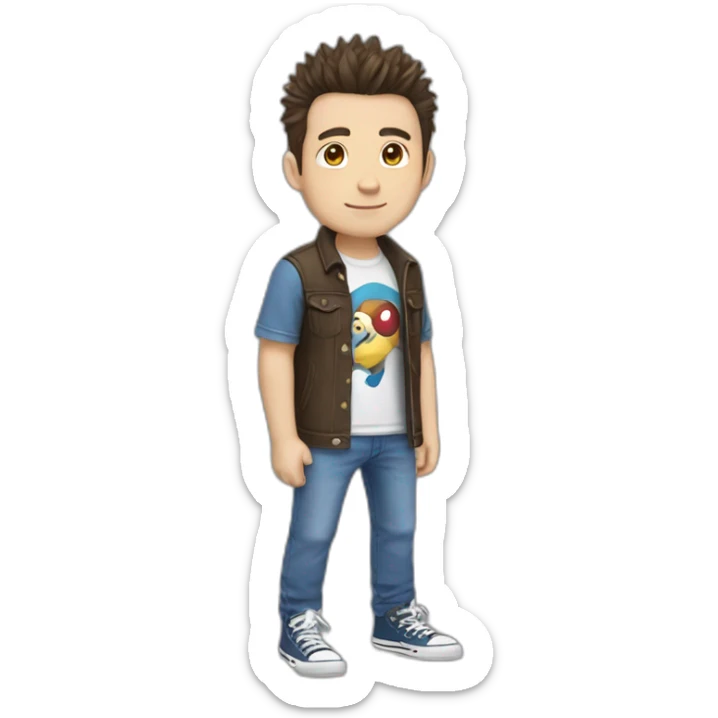 white male adult, Dark Brown Spikey Hair, Pokemon Shirt, Blue Jeans, Converse shoes sticker