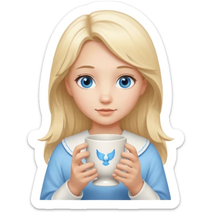 angelic blonde girl with middle length hair and blue eyes holds a cup sticker