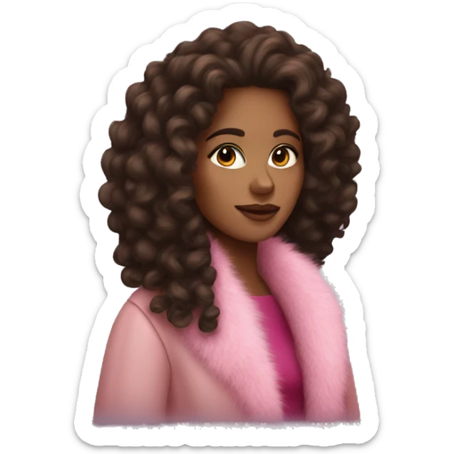 pretty brown woman with long dark curly hair and pink fur coat on sticker