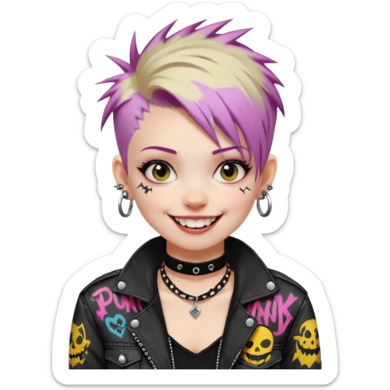 a punk girl with short dyed hair and wear a punk graffiti jacket with black choker grin playfully  sticker