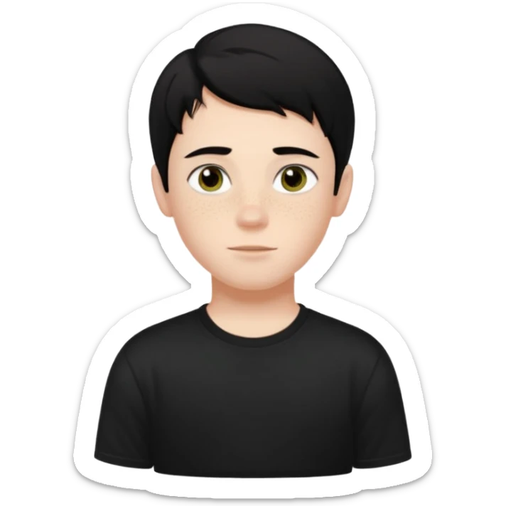 A boy with dark black hair and hazel green and brown eyes and white skin , with freckles and black t shirt with middle part hair  sticker