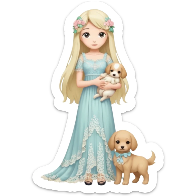 Pastel anime lady long hair with long lace dress full body holding puppy sticker