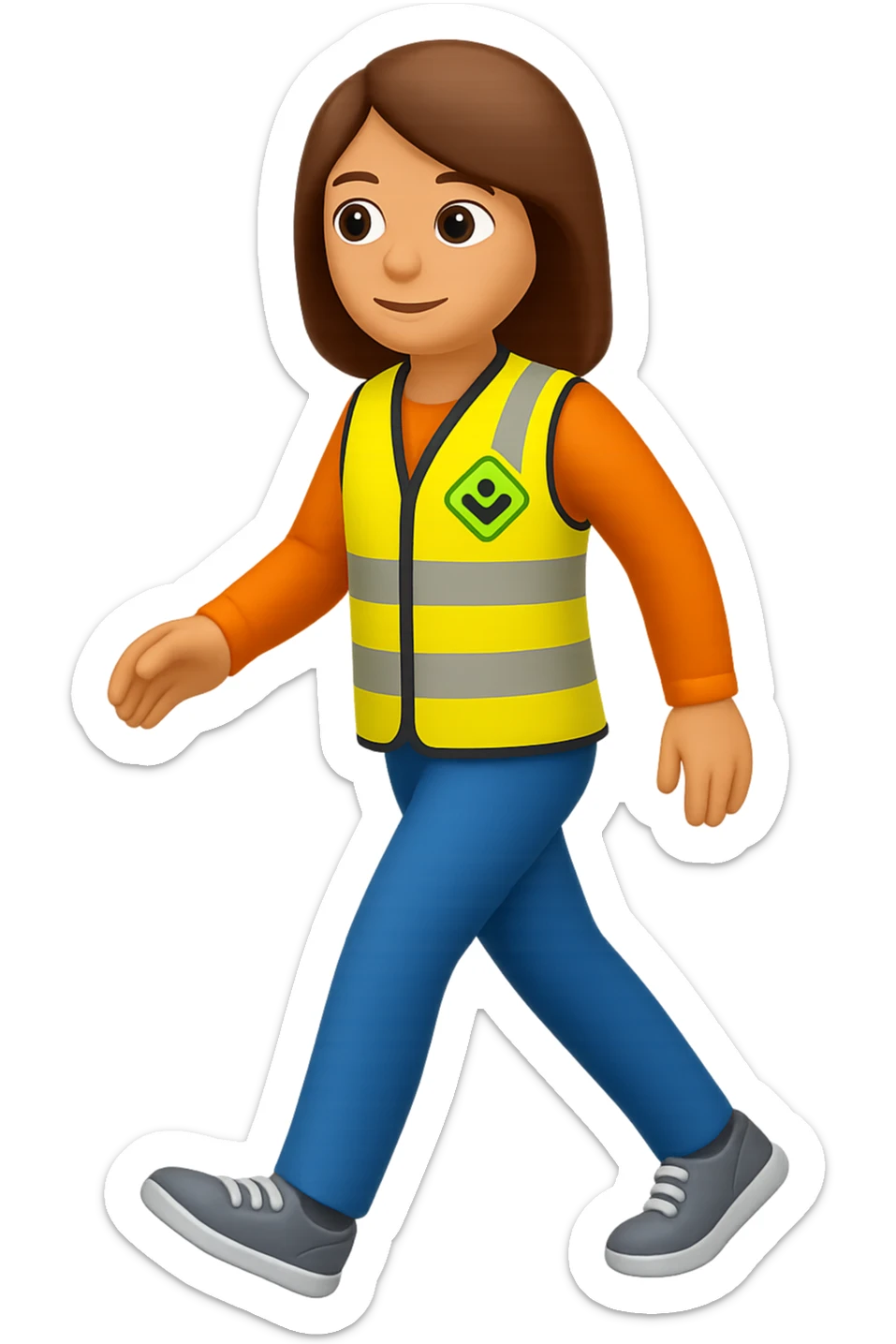 Edit the images to depict a full-body white female person walking, with shoulder-length brown hair, wearing a high-visibility vest, no hard hat, and trainers. The style should resemble apple style emojis with no background (transparent). sticker