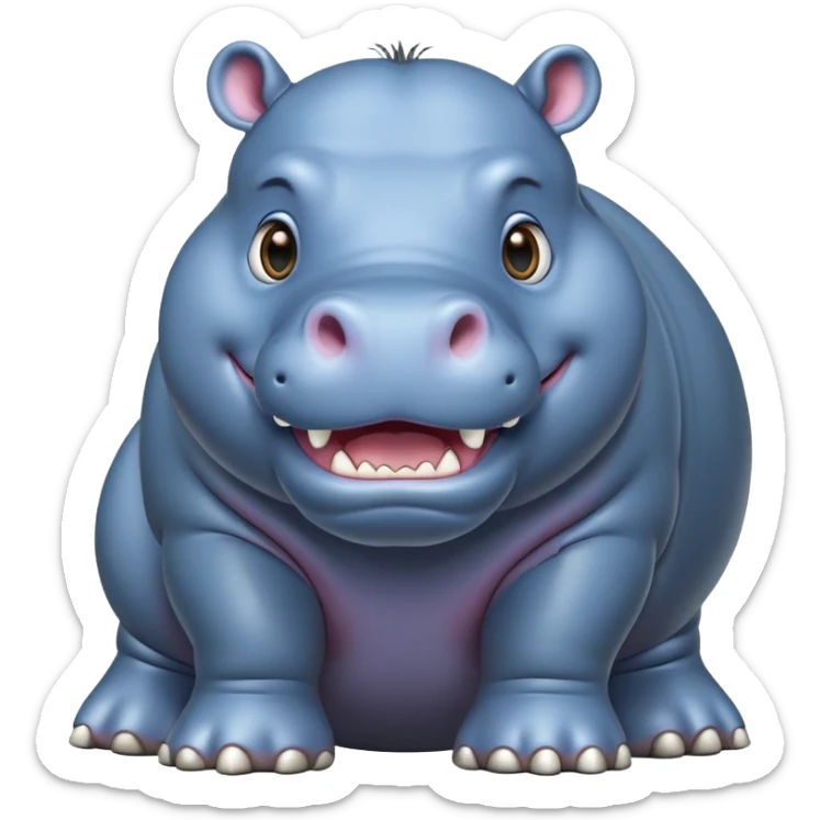 cinematic-hippo-realistic-full-body-side-view-standing-on-all-fours-emoji,-massive-round-frame,-wide-mouthed-grin-exposing-huge-teeth,-head-tilted-dramatically,-thick-greyish blue-hide-glossy, big cute eyes sticker