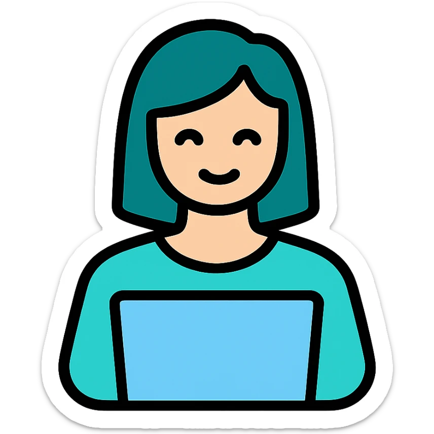 Icon style illustration of a teal woman at a laptop, minimal design, with a subtle smile, matching the reference image. sticker