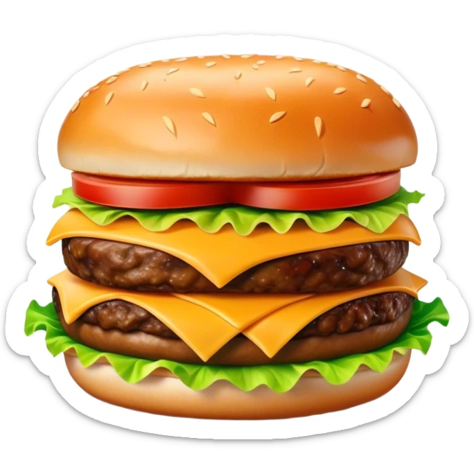 Cinematic Realistic Cheeseburger Dish Emoji, showcasing a juicy burger layered with cheese, lettuce, and tomato on a toasted bun rendered with lifelike detail and vibrant, inviting lighting. sticker