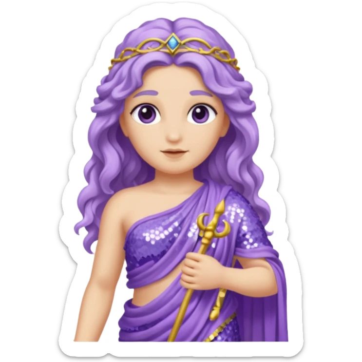 Aphrodite from Roman Deities with long lavender wavy hair, lavender sequin toga sticker