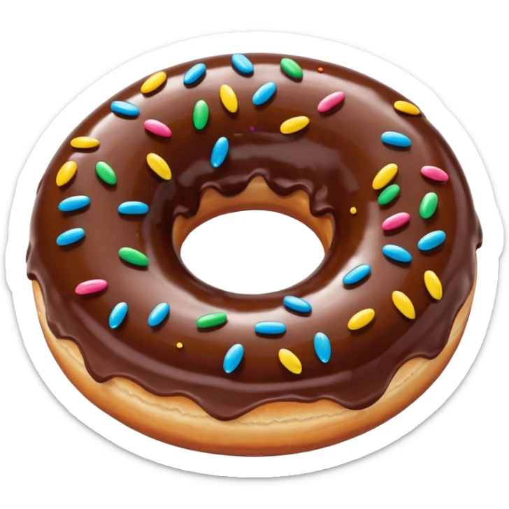A glossy chocolate-glazed donut emoji with colorful sprinkles, rendered in a bright, clean, 3D cartoon style. Soft lighting, smooth texture, vibrant colors, and a playful, appetizing look. sticker