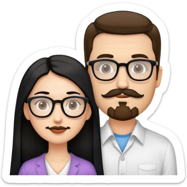 couple, Tall white man brown mustache goatee, and small woman long black hair square glasses sticker