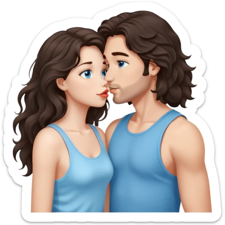 A girl with long, dark brown, wavy hair, grey-blue eyes, and a light blue tank top gives a kiss  sticker
