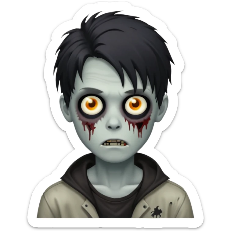 Zombie Boy with black long messy hair and teenager aparience, black background sticker