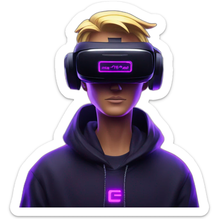 Donald Trump wearing a black hoodie with "OMG" letters on it and VR headset in a cyberpunk VR environment with violet neon lighting. sticker