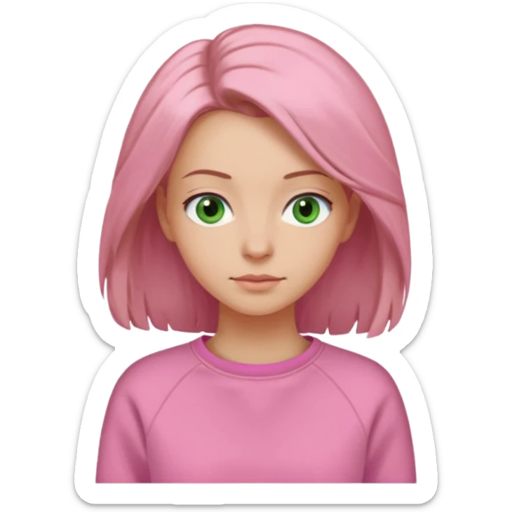  Una donna con una felpa semplice rosa, senza cappuccio,poi i capelli sono lunghi fino alle spalle marroni chiaro,gli occhi sono verdi  sticker