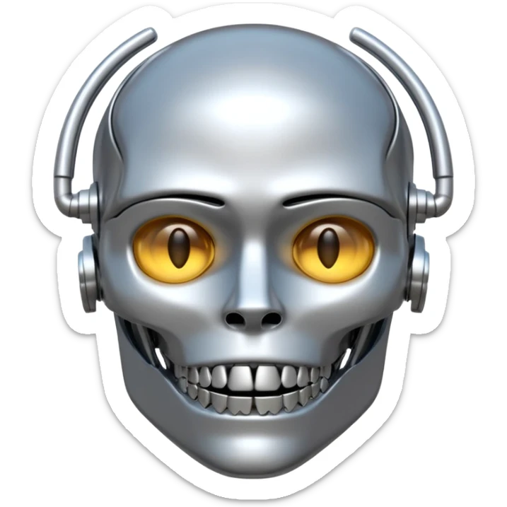 3D render of Steel Jaw, futuristic cyborg aesthetic, fusion of organic skin and chrome metal, brushed steel lower jaw attached to a pale skin face, emoji style, isolated on white background --v 6.0. sticker