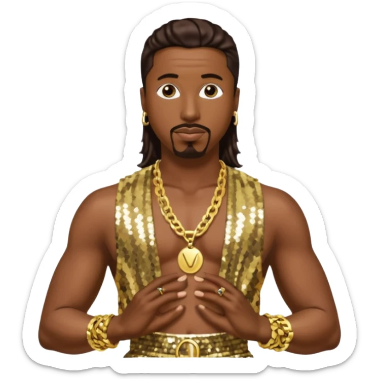 MC Hammer with dark brown hair, gold sequin harem pants, shirtless with necklace sticker