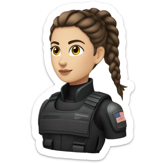 A young woman with a petite and slender build, pale, hazel eyes, and long brown hair with a silver streak, pulled back into a braid. She’s wearing black tactical battle gear. sticker