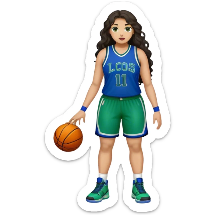 Full Body light skin Latino plus size women basketball player with long wavy dark hair  wearing blue and green uniform sticker