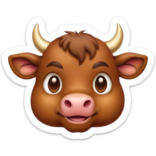 Cinematic Cute Brown Bull Portrait Emoji, Head tilted playfully and inquisitively, featuring a glossy, robust brown hide with a natural sheen, round, sparkling dark eyes filled with gentle curiosity, Simplified yet irresistibly adorable features, highly detailed, glowing with a warm, friendly glow, high shine, affectionate and imposing, stylized with a touch of rugged charm, bright and endearing, soft glowing outline, capturing the essence of a mischievous yet loving bull, so playful it feels like it could stomp out of the screen and into your arms! sticker
