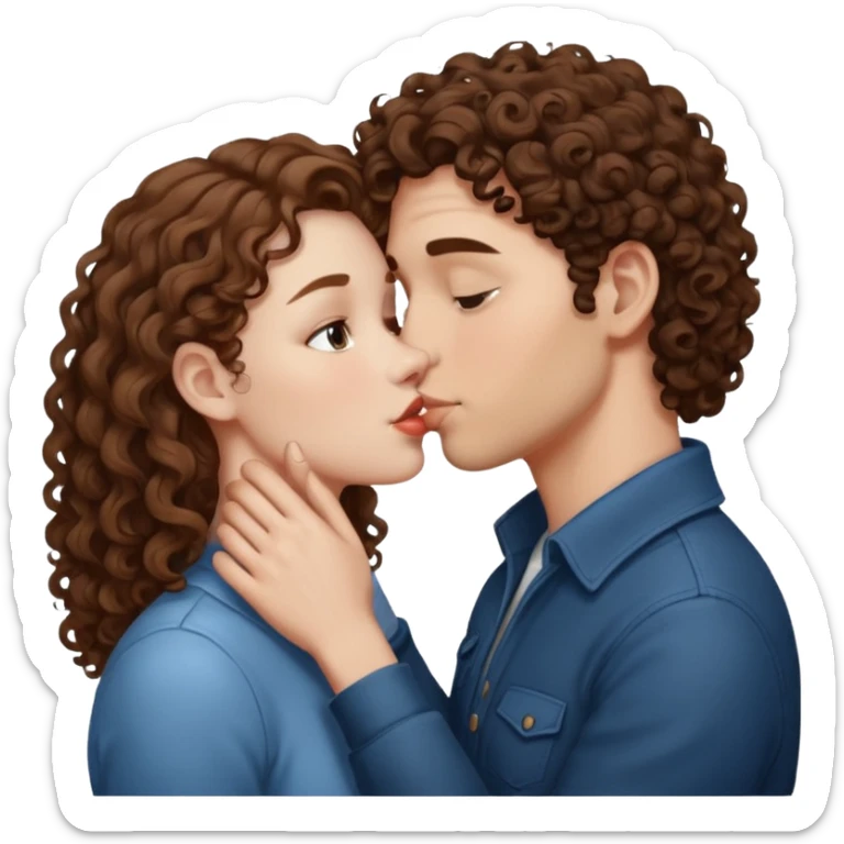A couple kissing, the man would be white-skinned, mid fade-curly, brown-hair. The serious woman with white skin, brown color sticker