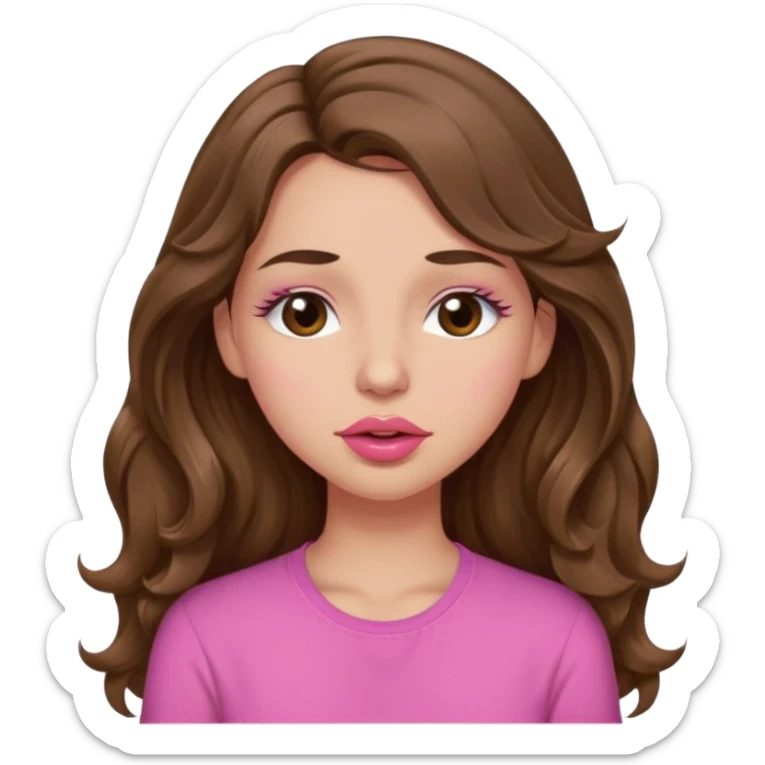 girl with long wavy brown hair, brown eyes, light to medium complexion, in a pink shirt, pink lips, long lashes, puckering lips kissing, winking with one eye closed sticker