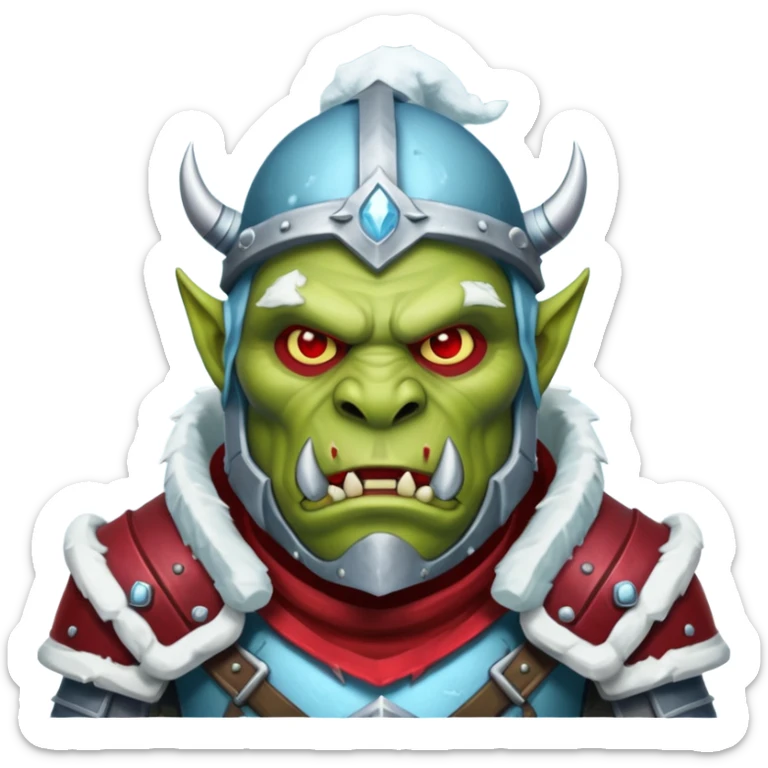 
Fantasy Christmas orc legion soldier icon, iron tundra army theme, heavy winter armor, disciplined brutal look, icy blue steel armor with deep crimson accents, frozen metal texture, cold winter atmosphere, male variant sticker
