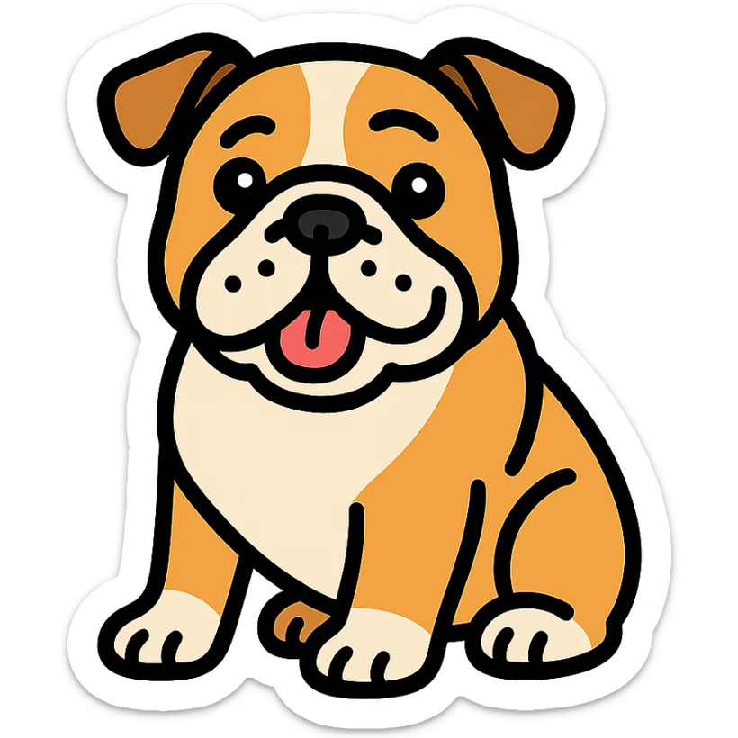 English bulldog, sitting pose, playful look, clear outlines, color icon style sticker