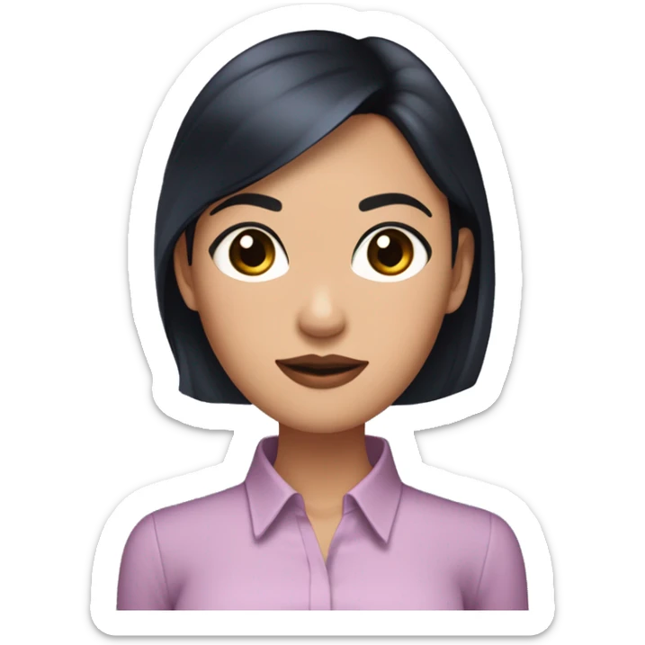 an asian women with short black hair with length in between ears and shoulder and straight style. dark brown eyes. Small hoop silver earrings. Lips mauve pink. Dark blue collar blouse. Holding a iphone. Facial expression is sassy but nice. sticker