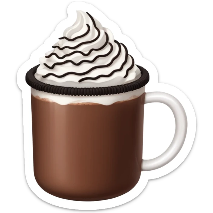 Hot chocolate with whipped cream and marshmallows on top of the whipped cream and also crunched Oreo crumbs. sticker