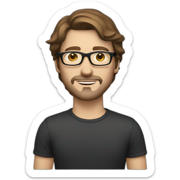 male caucausian designer with shoulder length brown hair and black rimmed glasses sticker