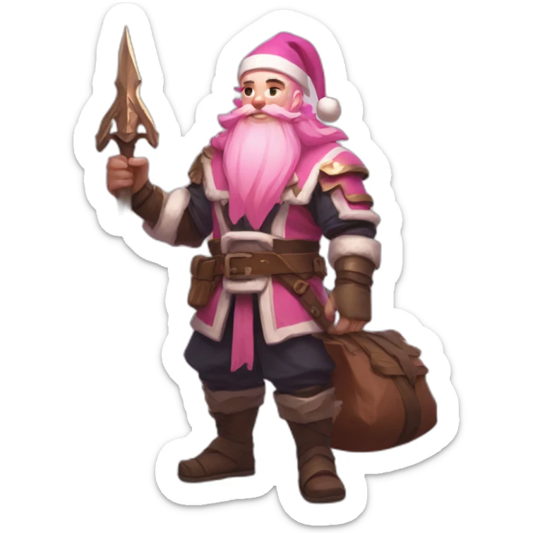 Spear user in albion online with pink hair pink beard and a santa bag sticker