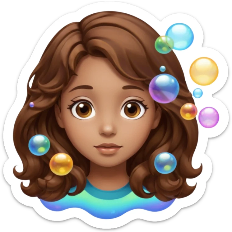 girl with brown wavy hair in a side part with big brown eyes looking off to the side with bubbles on both sides of her sticker