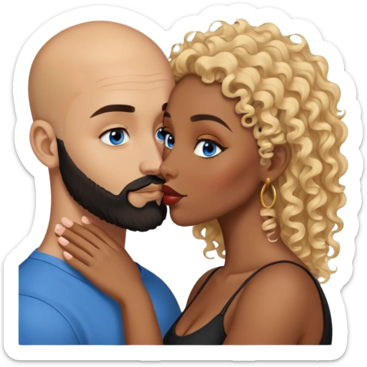 bald head man with brown eyes and black beard kissing African woman with blue eyes and curly blonde hair sticker