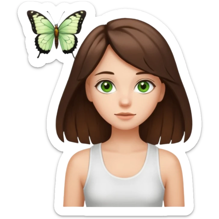 girls with long brown hair, green eyes, a white tank top, and a butterfly haircutbrunette girl with green eyes sticker