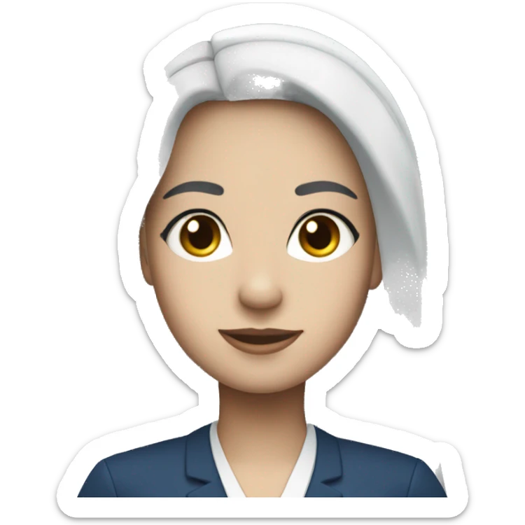 Flight attendant with long black hair, white skin and a blue uniform and a scarf sticker