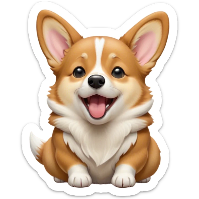 Cinematic Cute Yawning Fawn Corgi Portrait Emoji, Head tilted slightly with a dramatic, wide-open yawn, showcasing a smooth fawn coat with bold white markings, short ears slightly drooping, round brown eyes barely open in drowsy contentment, Simplified yet irresistibly adorable features, highly detailed, glowing with a soft, cozy glow, high shine, relaxed yet expressive, stylized with a touch of whimsy, bright and endearing, soft glowing outline, capturing the essence of a sleepy yet affectionate herder, so drowsy it feels like it could stretch right out of the screen and curl up for a nap! sticker