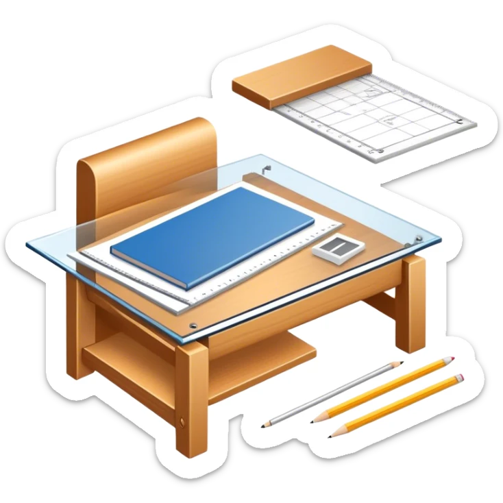 Icon for Furniture Design: a furniture drawing with 3D models of furniture pieces placed on top, accompanied by rulers and a pencil. The icon should represent the design process with focus on precision and modeling. Transparent background. sticker