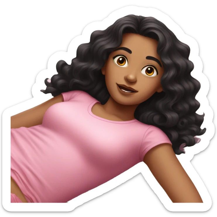 realistic portrait of girl with wavy black hair wearing a pink top lying down sticker