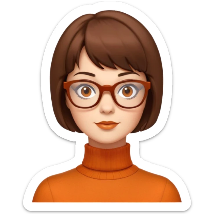 velma dinkley short brunette hair, brown eyes, square glasses and orange turtle neck from scooby doo  sticker