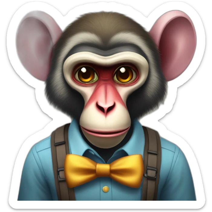 Funny Mandrill with a human look wears a shirt and Suspenders in the shirt neck a butterfly like a clown sticker
